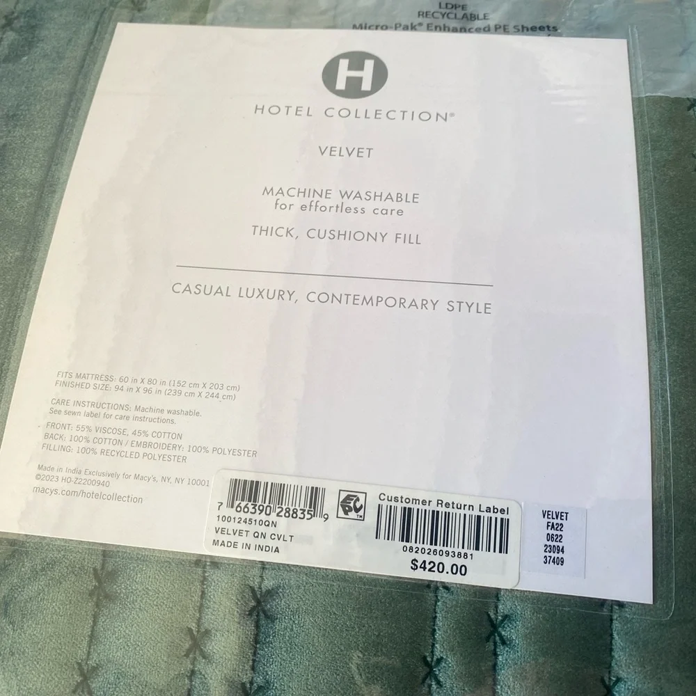 Hotel Collection Variegated Stripe Velvet Coverlet Emerald Queen 94